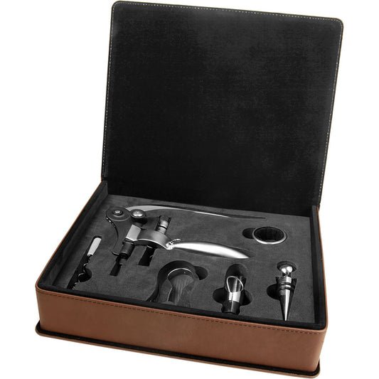 Personalized Laser Engraved Dark Brown  Leatherette 5-Piece Wine Tool Gift Set