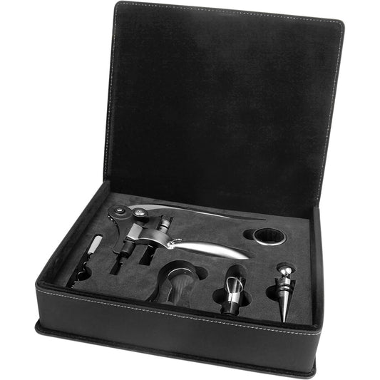 Personalized Laser Engraved Black/Silver  Leatherette 5-Piece Wine Tool Gift Set