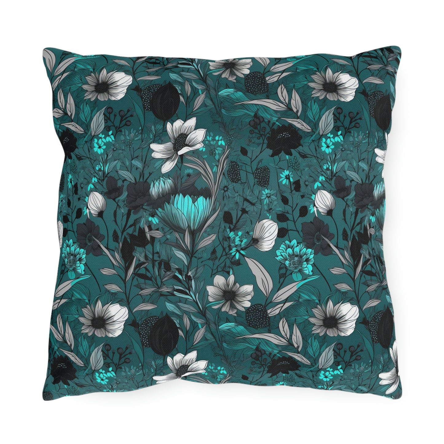 Teal, Black & White Floral Outdoor Pillows