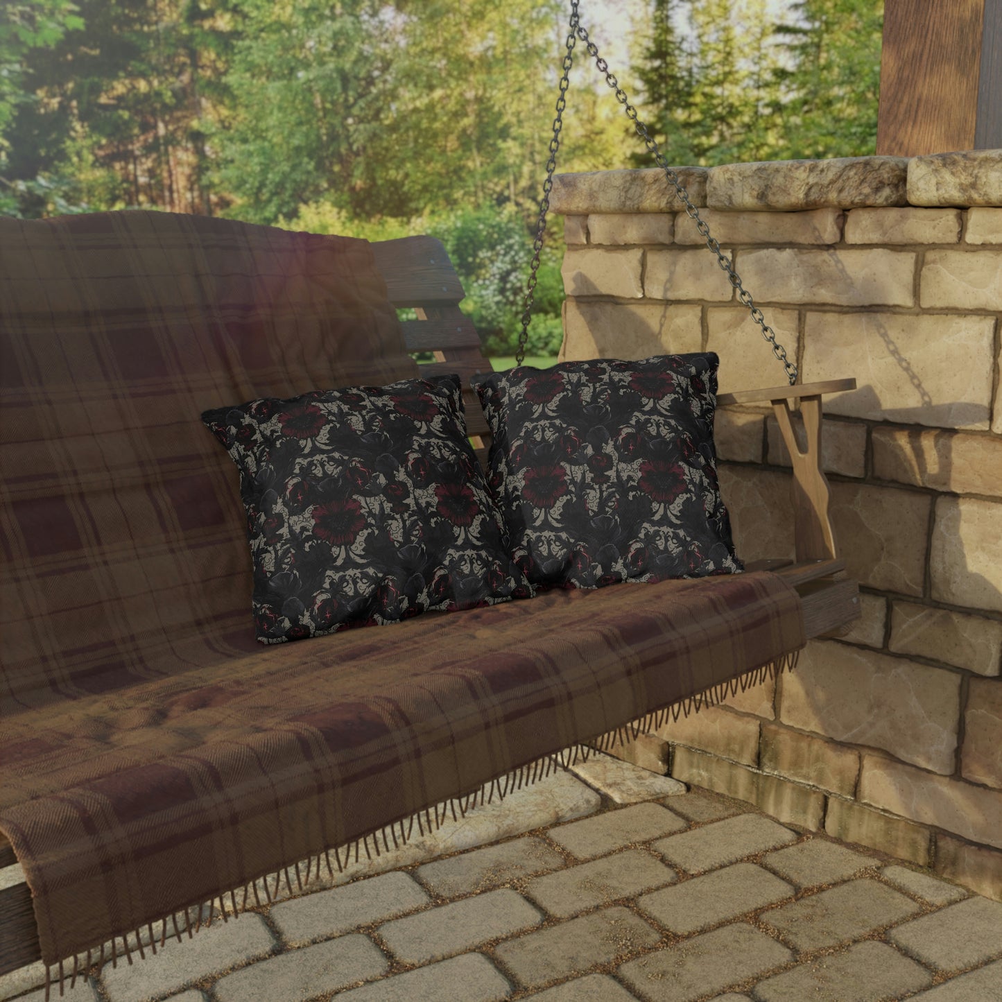 Black and Burgundy Floral Outdoor Pillows