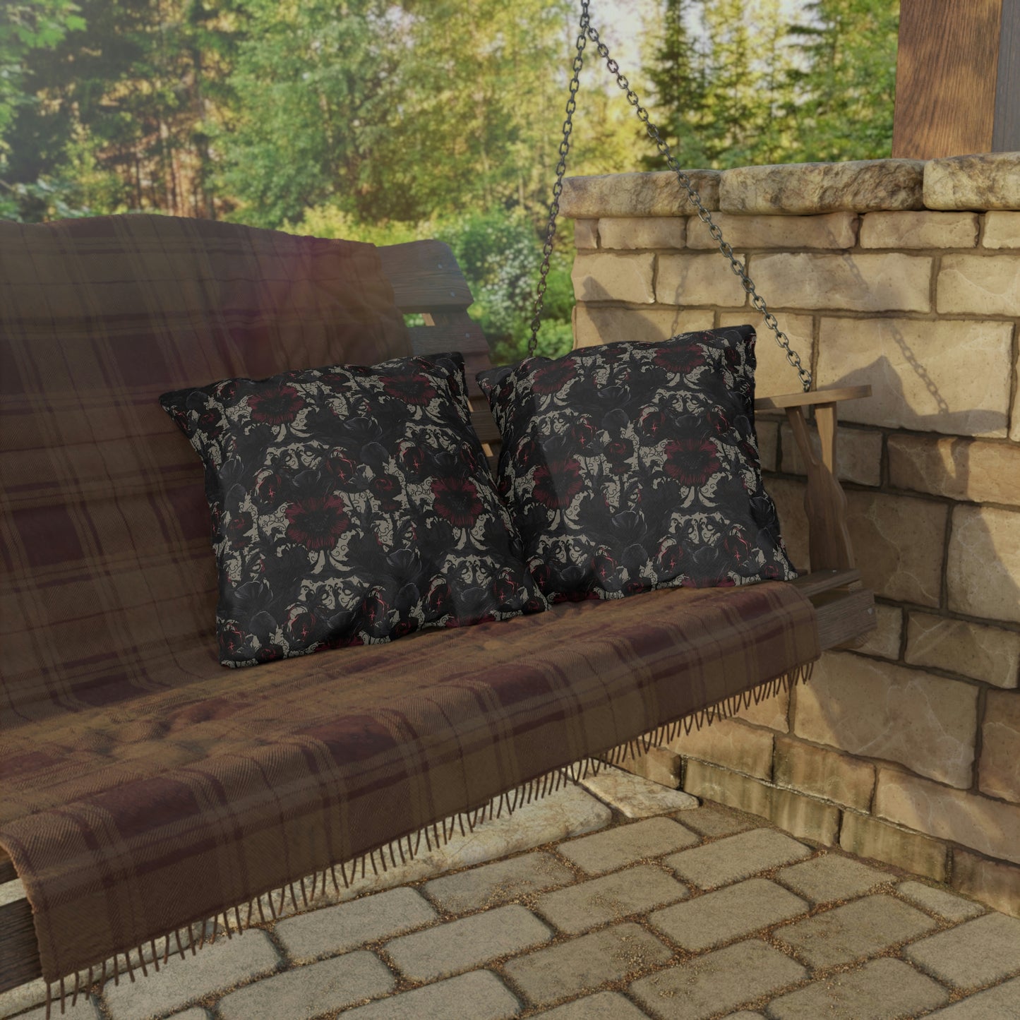 Black and Burgundy Floral Outdoor Pillows